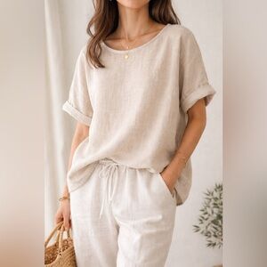 Liz Claiborne Linen Blend Top XL Beige Minimalist Relaxed Coastal Grandma Boho